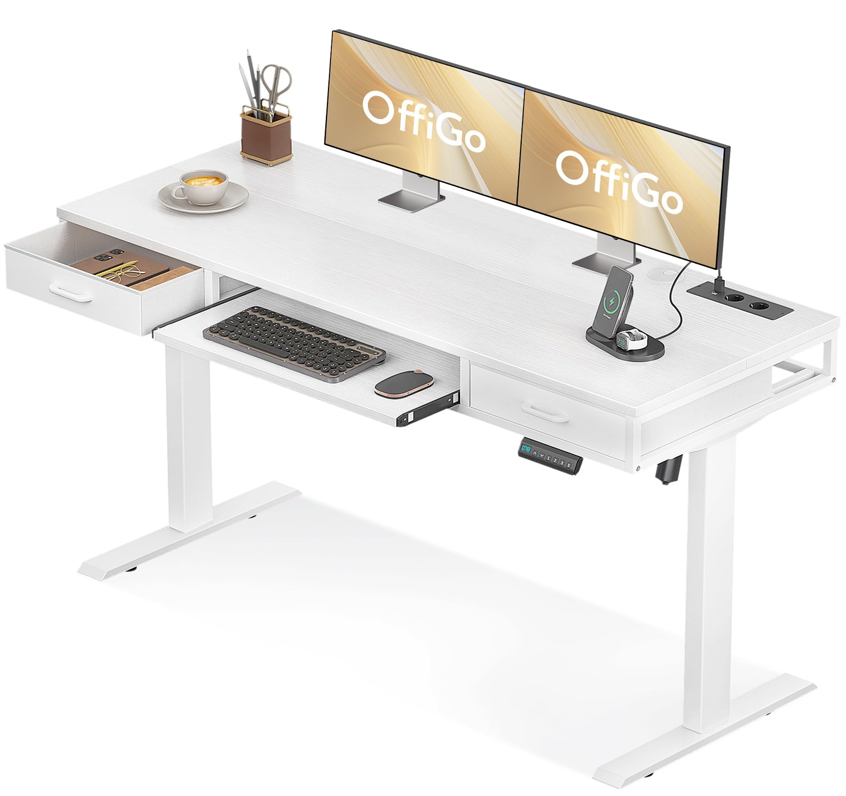 OffiGo Escritorio Elevable Electrico con Cajón, 140cm Mesa Elevable Escritorio con Bandeja para Teclado, Mesa Regulable Altura con Carga, Standing Desk, Blanco