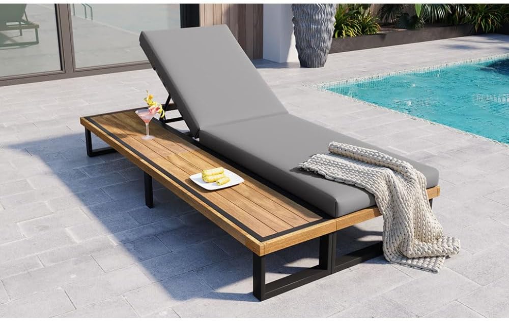 Outdoor Chaise Lounge Chair with 5-Position Adjustable Backrest, Reclining with Cushion, Patio Lounger with Wood Side Table, (Acacia Wood + Gray + Acacia Wood + Iron + Polyester + Yes)