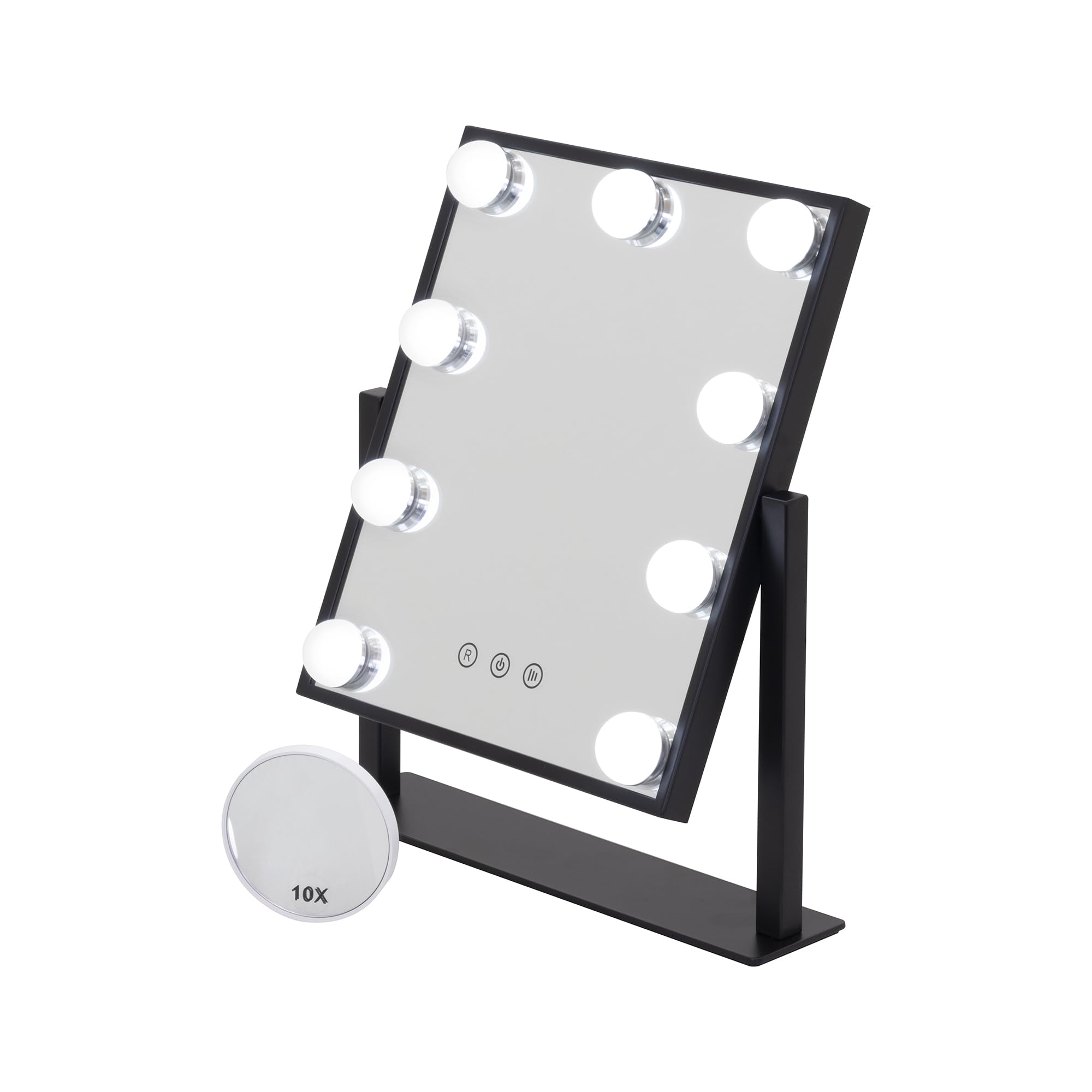 Espejo de Maquillaje Bulb Tiny con 9 Bombillas LED, Pantalla de Control Táctil, Rotación de 360 Grados (Negro), 3 Colores de Luz Regulables, Espejo de Mesa 30,5 x 36 cm