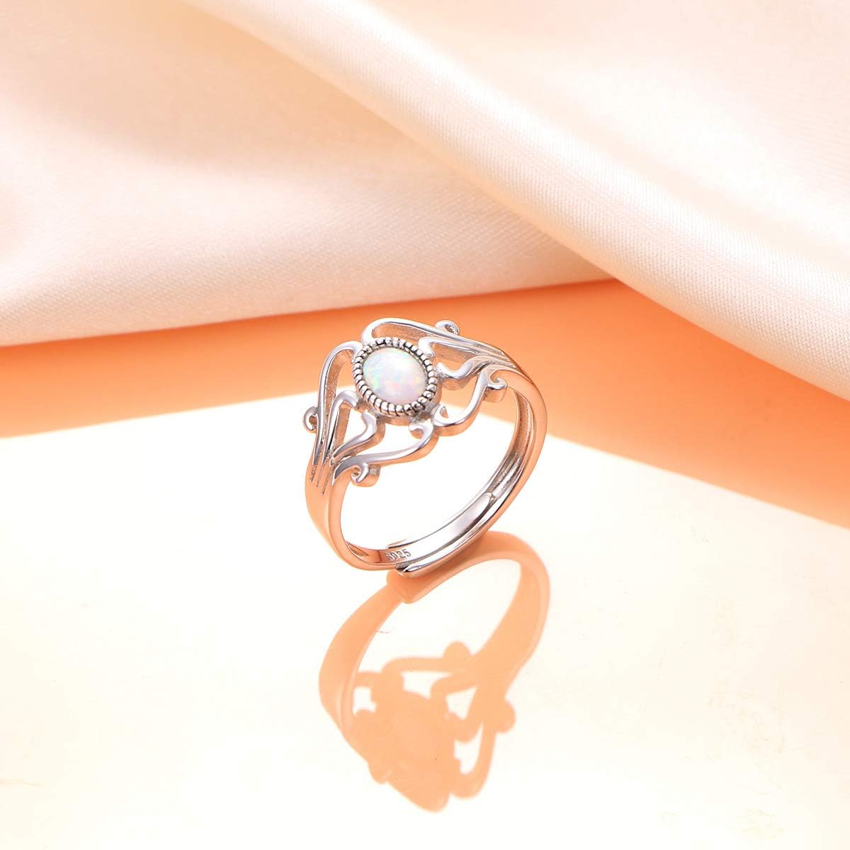 FLYOW Mothers Ring Adjustable White Created Opal Rings for Women Girls 925 Sterling Silver Victorian Style Rope Ring Classical Magic Mirror Rings - Image 2