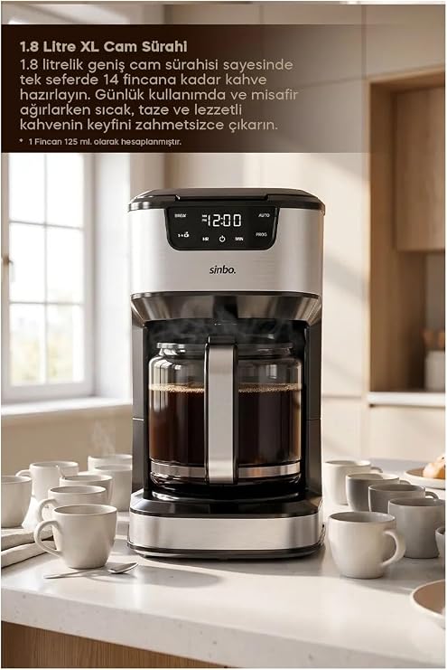 Sinbo SCM-9041 Otomatik Zaman Ayarlı Xl 14 Fincan Filtre Kahve Makinesi Dijital Göstergeli