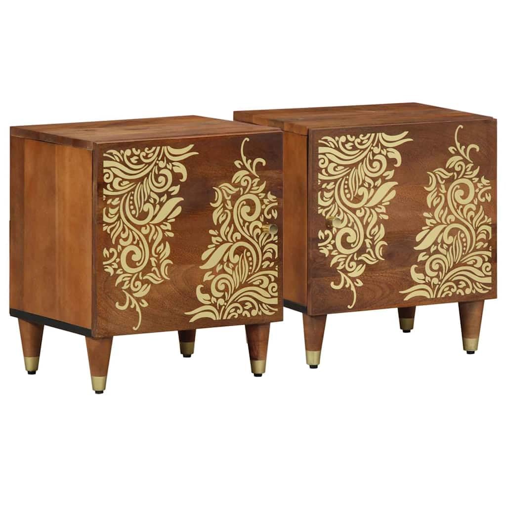 Set di 2 comodini con anta, color marrone miele, in legno di mango massiccio, comodino moderno con vano portaoggetti e bottoni in ottone, 40 x 33 x 46 cm, design compatto per camera da letto