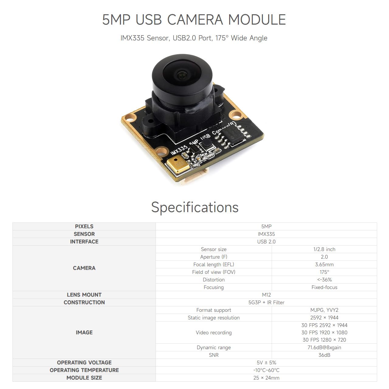 Waveshare IMX335 5MP USB Camera (B), Compatible with Raspberry Pi 5 and Jetson Orin Kit, 2K Video Recording, Better Sensitivity in Low-Light Condition, Fixed-Focus Wide Dynamic Range