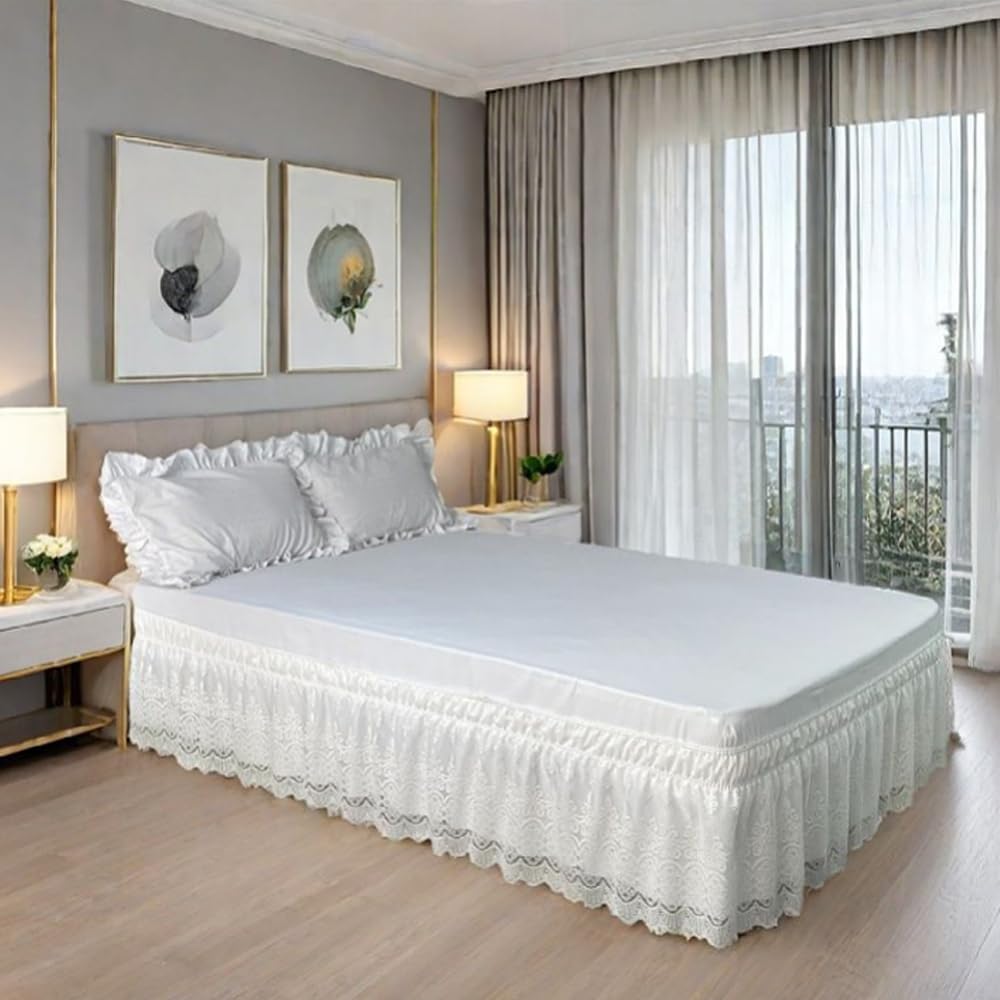 Double Layers Lace Bed Skirt 15 Inch Drop with Wrap Around Elastic Band, Dust Ruffle Bedskirt Hide Box Springs Bedframe