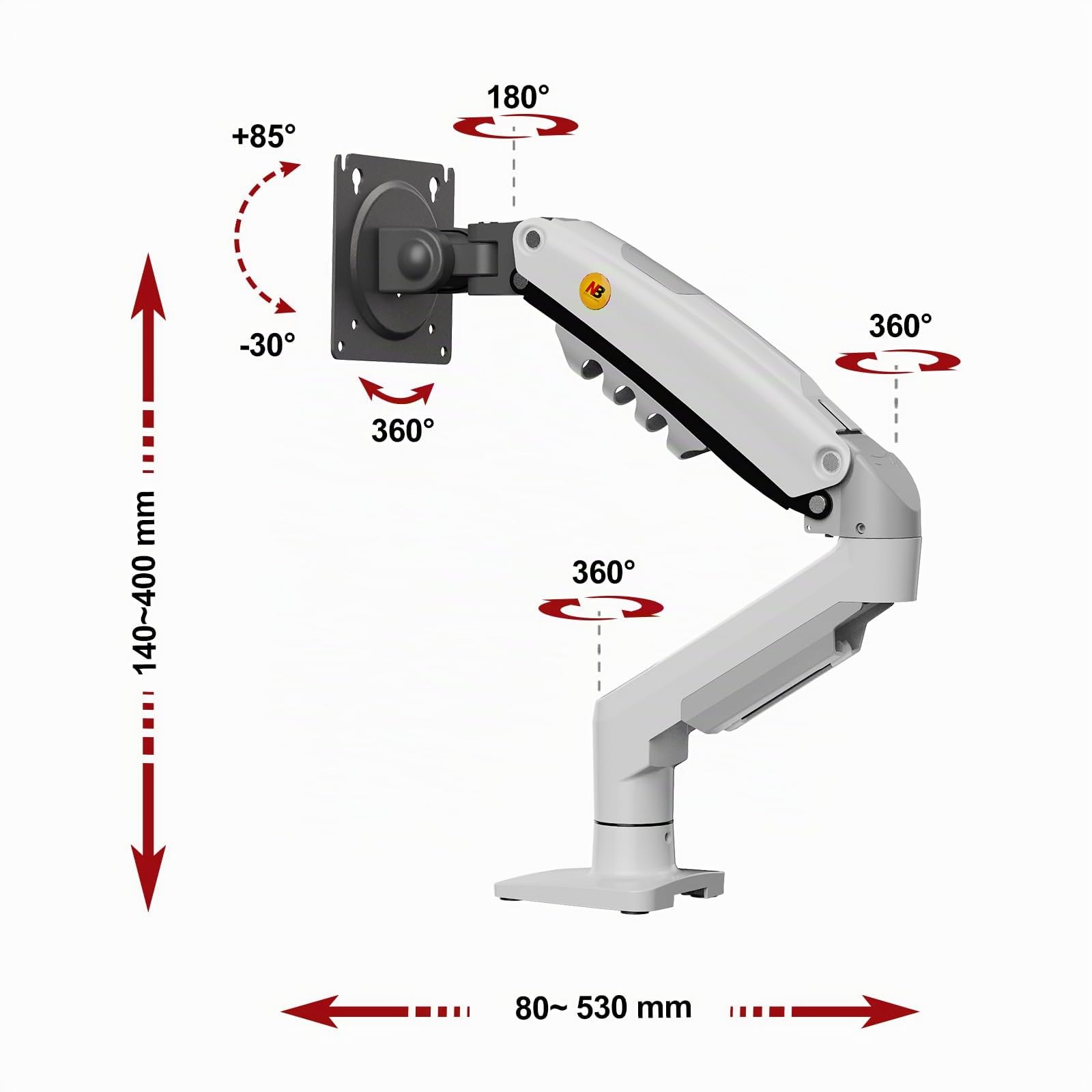 Supporto da scrivania con molla a gas per schermi LCD 17″-32″, bianco, VESA 75 mm e 100 mm, rotazione a 360° con peso da 2 a 9 kg