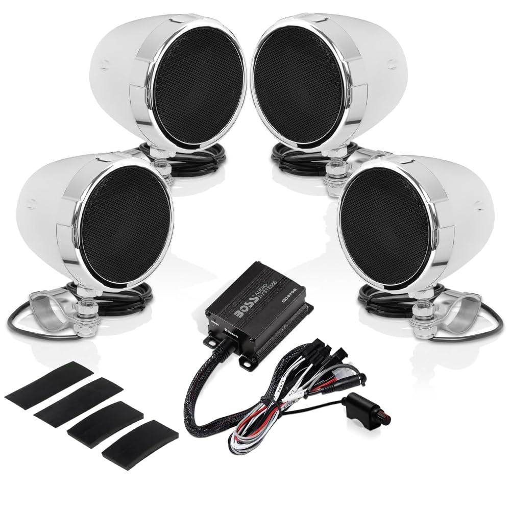 Kit Set para Boss Audio Systems MC470B, con Amplificador de Rango Completo Clase D y 4 Altavoces cromados de 3", para Motocicletas, Resistente a la Intemperie, 1 Kit