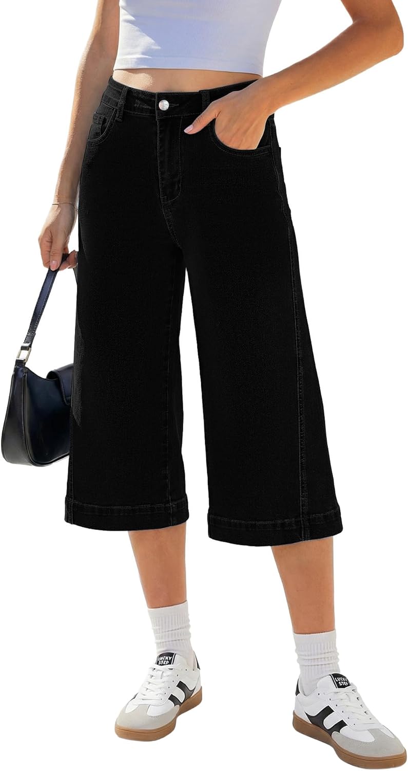 GRAPENT Capri Jeans for Women Wide Leg Trendy High Waisted Side Seam Stretchy Denim Capris Pants Summer Casual Jeans