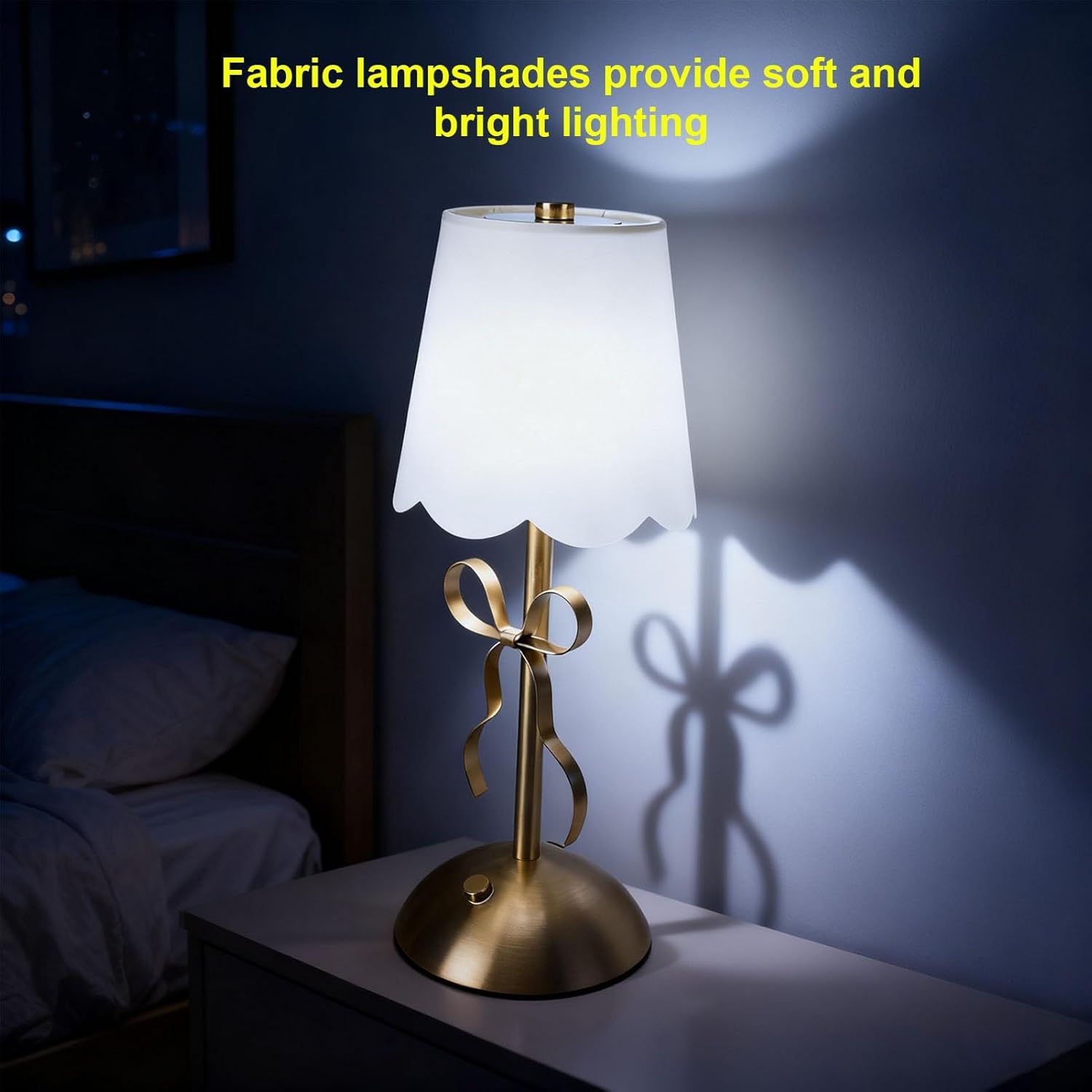 Gold Bow Table Lamp, Cordless LED Table Lamp with Fabric Shade, Touch Switch, Stepless Dimmable, Metal Rechargeable Bedside Light for Room Decor, Bedroom, Restaurant