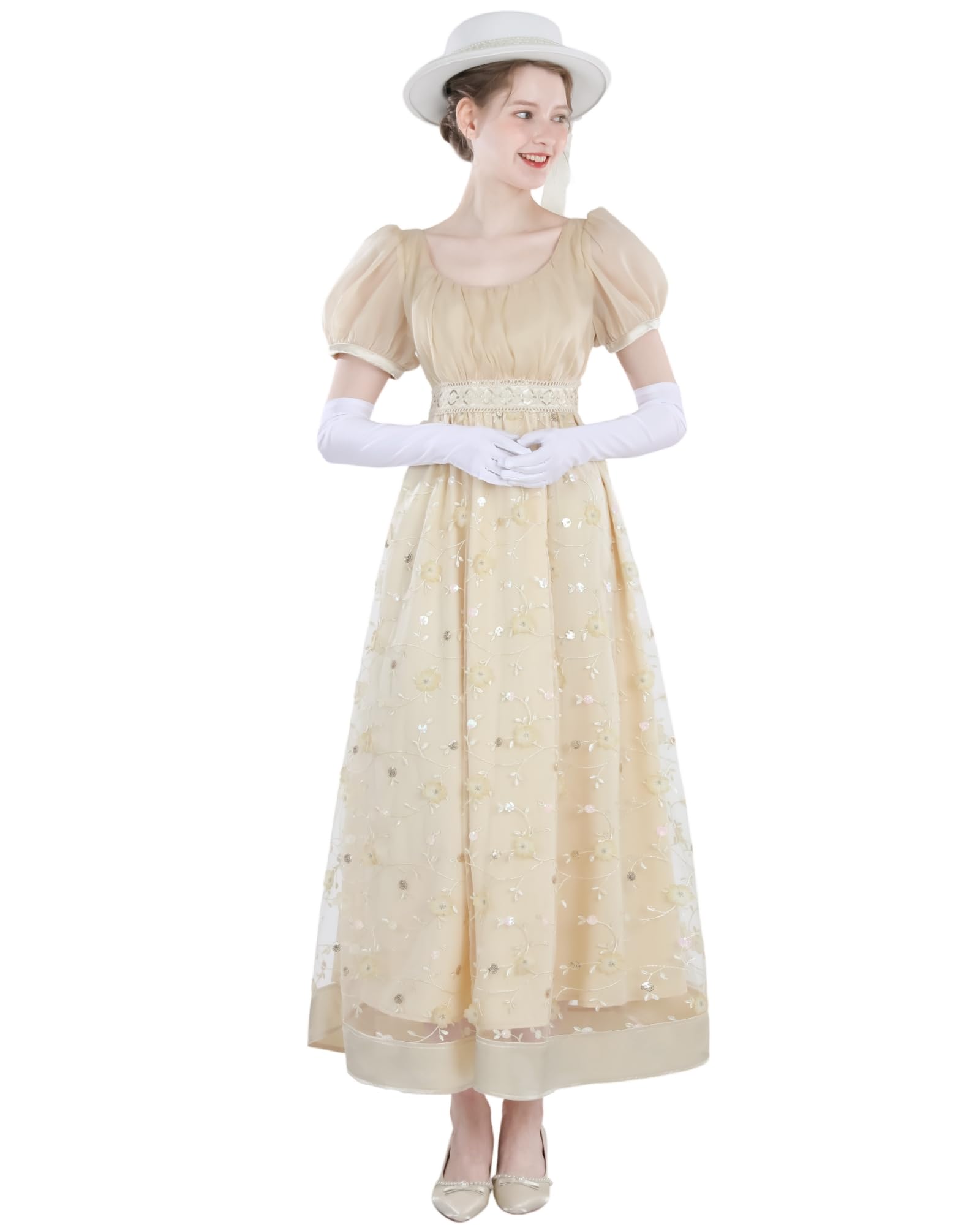 Regency Vestido de mujer maxi de estilo imperio con encaje y mangas abullonadas, vestido de noche vintage con guantes, elegante para bodas o fiestas