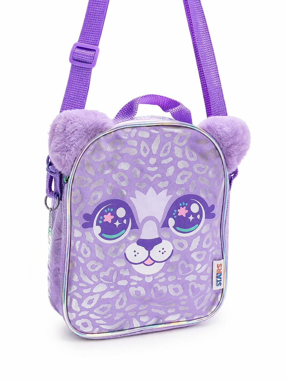Worlds Kids Crossbody Bag, Purple, Cute Cartoon Leopard Design, Plush Ear Sling Bag for Girls, Mini Shoulder Bag for School Travel-image-9