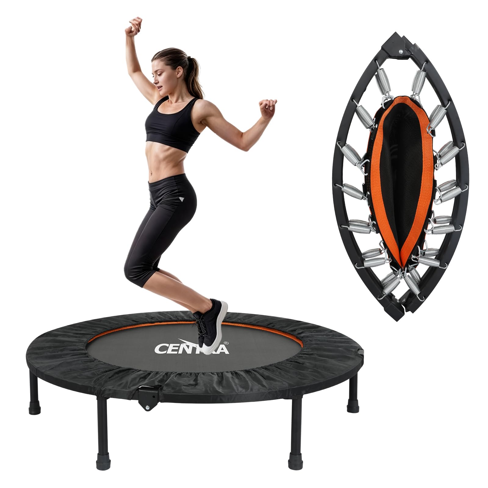 Centra 40" Foldable Mini Trampoline for Adults - 150kg/330lbs Capacity, 4-Fold Ultra Quiet Rebounder with Adjustable Handle, Indoor Fitness Trampoline for Home Cardio Workout in Apartments