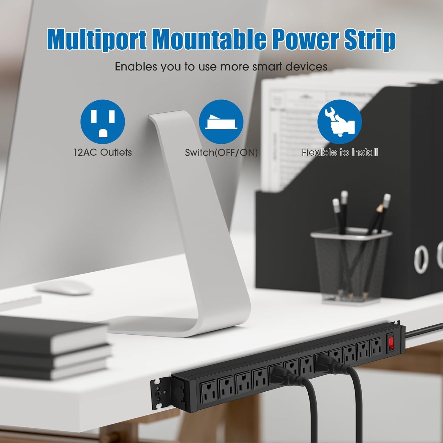 HHSOET 2Pack Rotating Mountable Power Strip, 12 Outlet Wall Mount Surge Protector,1200J, Metal Heavy Duty and Versatile Outlet Strip, Stylish Appearance, Sturdy and Durable. (2 Pack, 15FT)