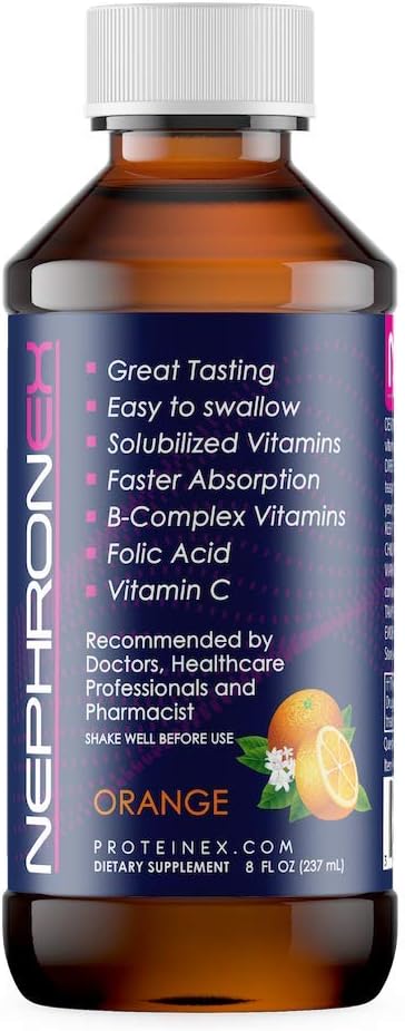 Liquid Multivitamin Nephronex by Llorens Pharmaceutical, 8 oz, B Complex Vitamins and Vitamin C Supplement, with Biotin and Folic Acid, Fast Absorption, Adults and Children, Orange Flavor, Made in USA
