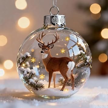 2026 Wildlife Wonders Collection Crystal Glass Ornament, Handcrafted 3D Animal Christmas Tree Decorations, 2.75" Luxury Glass Ball with Sparkling Stars, Nature-Inspired Holiday TreeDeer