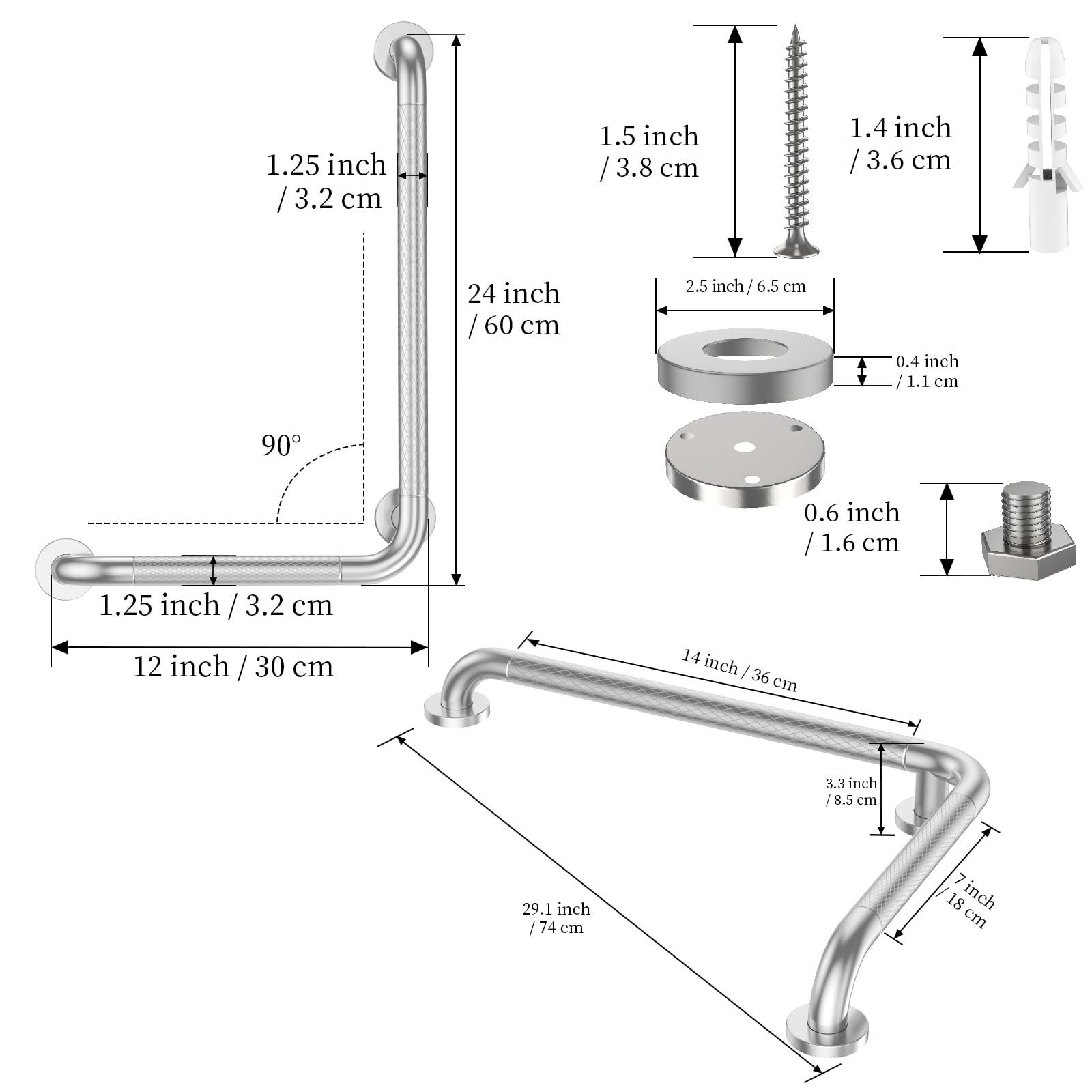 Barra de agarre en ángulo de cromo pulido de 16 x 24 pulgadas, barra de seguridad para baño con agarre estriado antideslizante, mango de ducha en forma de L para personas mayores con