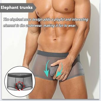 Mens Ice Silk Elephant Nose Boxer Briefs Dual Underwear Separated Bulge Enhancing Pouch Trunks