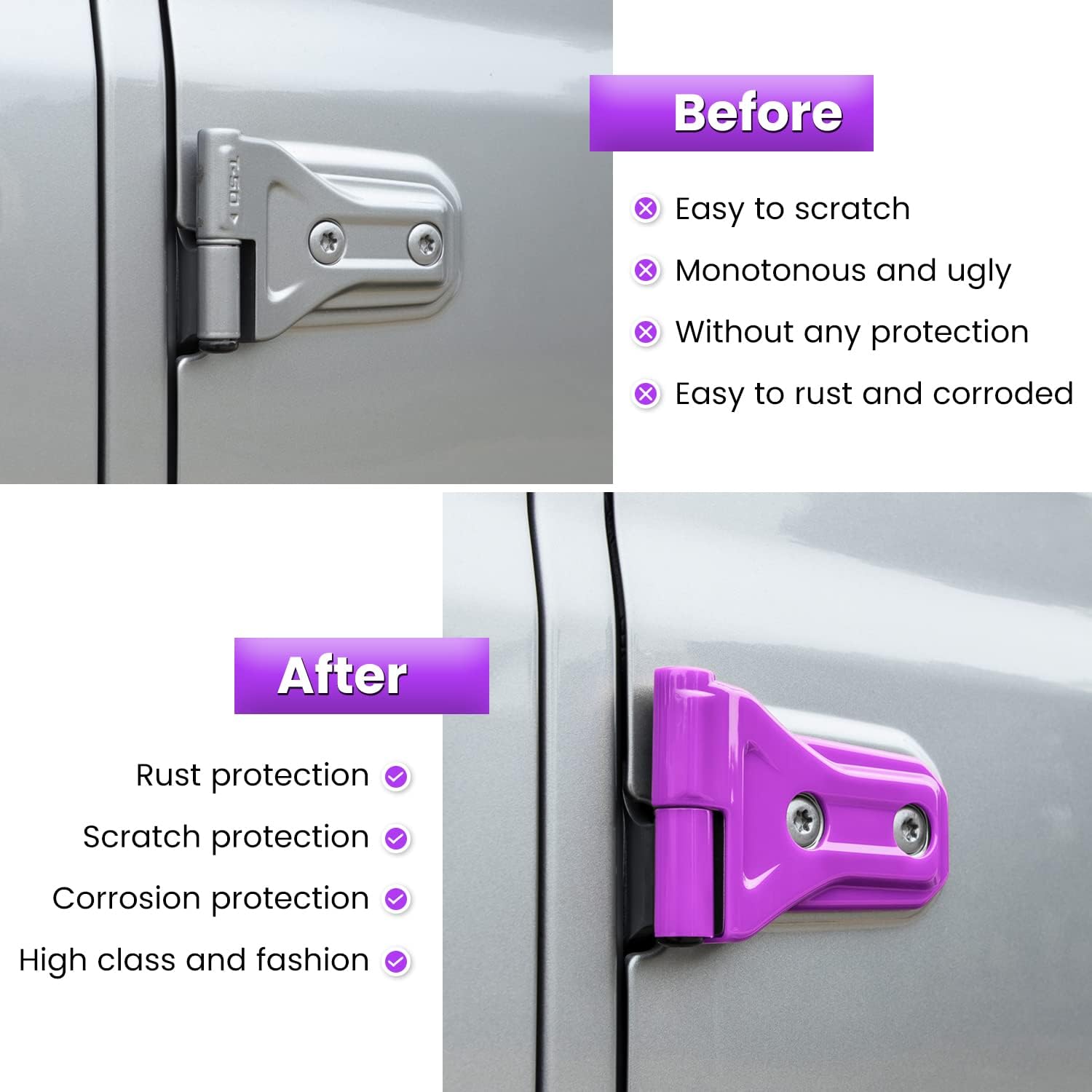 E-cowlboy Door Hinge Cover Trim Exterior Accessories Decoration for 2018-2025 Jeep Wrangler JL JLU Sport Sahara Freedom Rubicon Unlimited & Gladiator JT 2-Door and 4-Door (Purple 8PCS) image 4