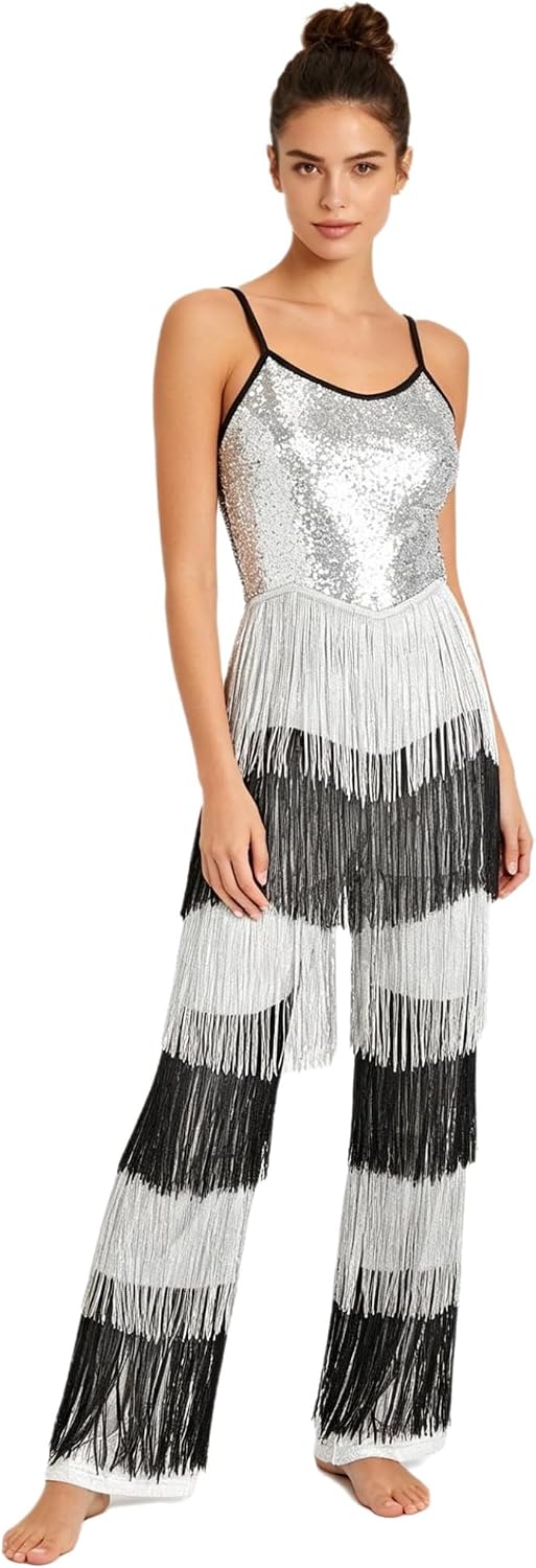 Vxuxlje Womens Vintage Disco Dance Costume Sequined Contrast Color Tiered Tassel Jumpsuit Dancewear
