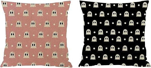 JoraLion Juego de 2 fundas de almohada de Halloween con diseño de lunares y lazo fantasma, 20 x 20 pulgadas, color negro y rosa, para el hogar,
