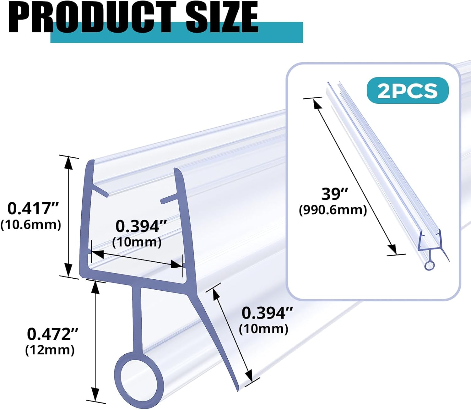 2 PCS 39" Shower Door Bottom Seal, 3/8" Shower Door Sweep for 3/8 Inch Glass,Frameless Glass Door Seal Strip to Seal 11mm Gap,Stop Shower Leaks and Create a Water Barrier