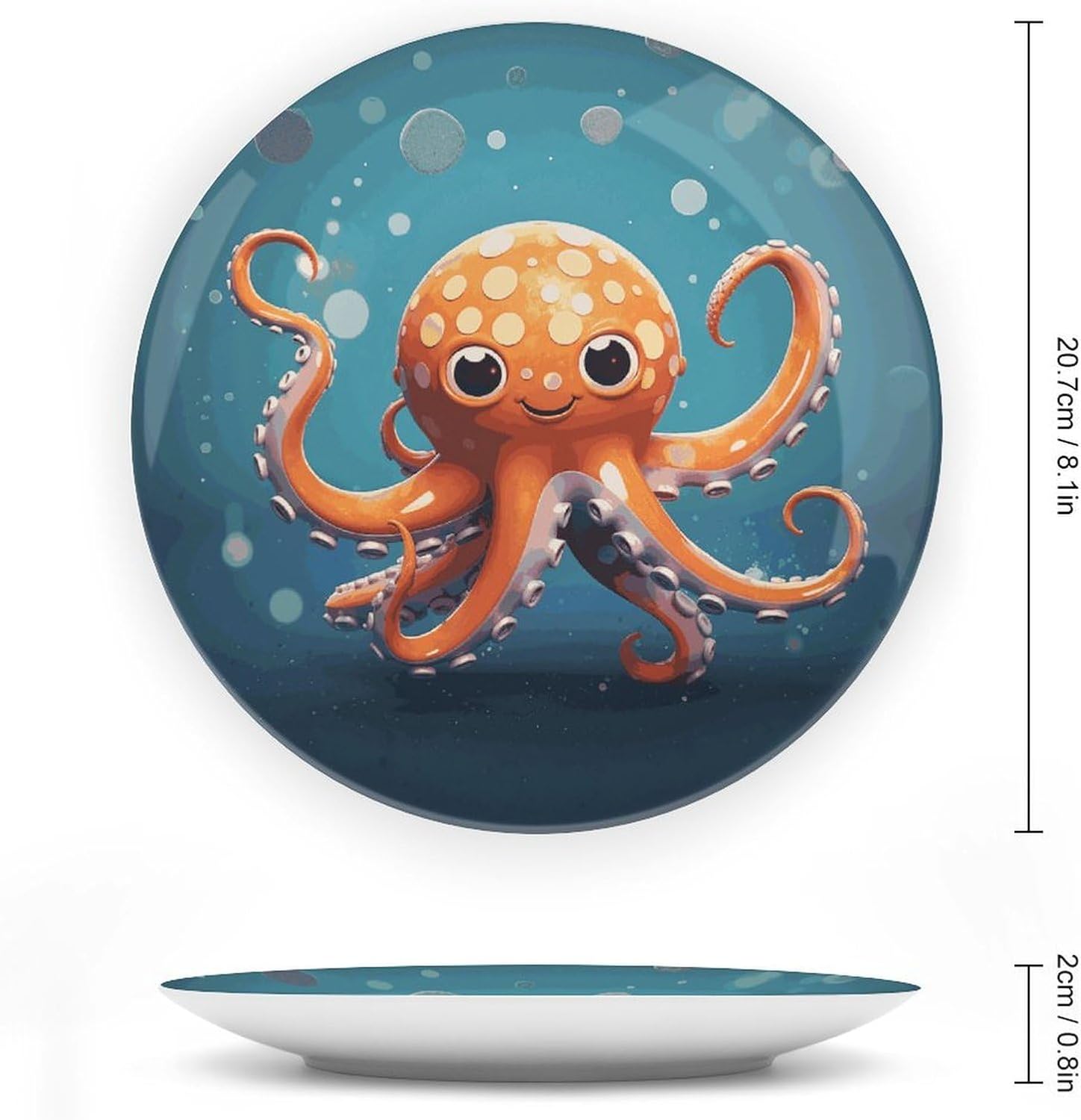 Cartoon Octopus Bone China Decorative Plate with Display Stand, Ceramic Ornaments Plate for Wall Hanging, Personalized Porcelain Plates for Office, Living Room 8inch