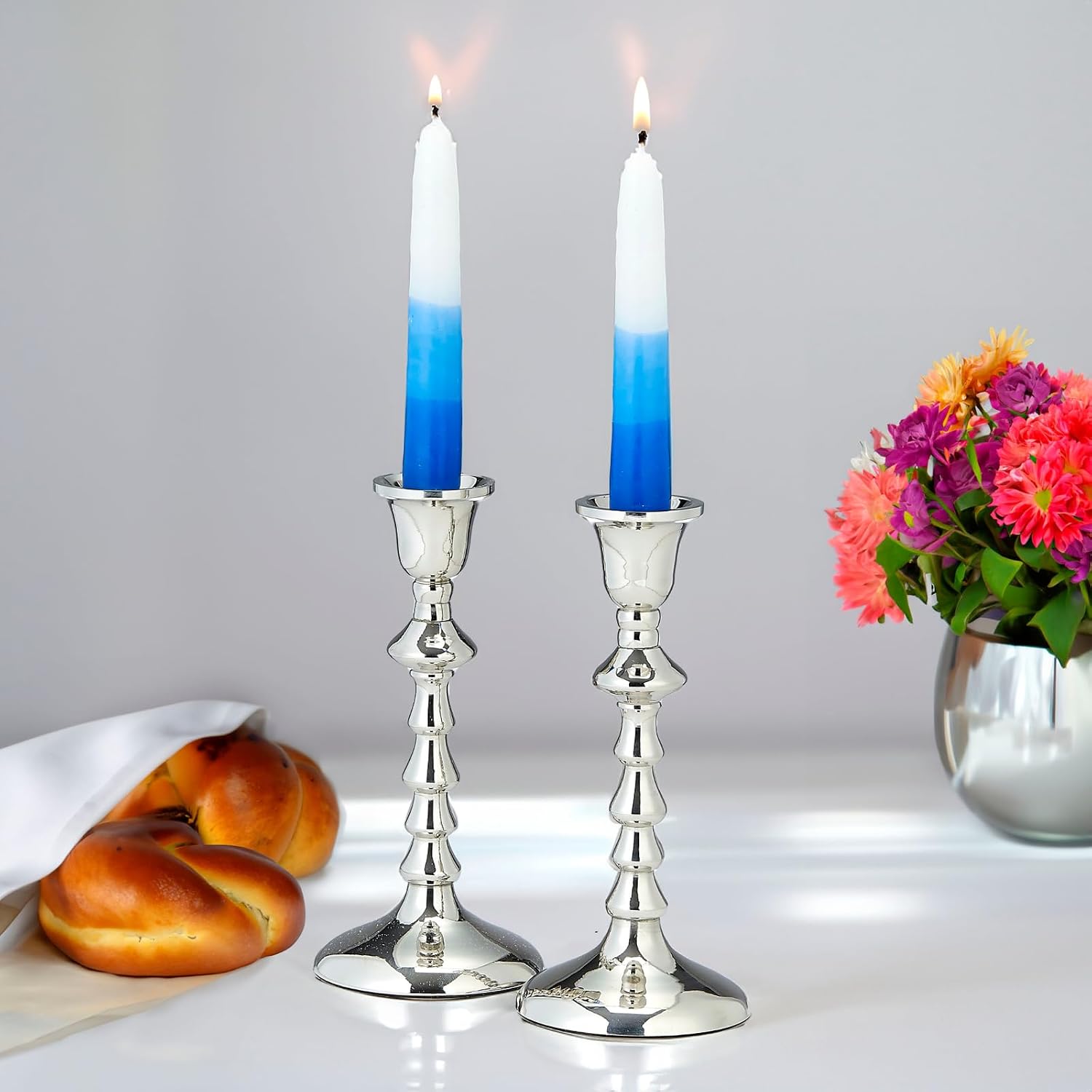 Shabbat Candlestick Holder Set of 2 Nickel Plated Aluminum | Elegant Judaica Shabbos Gifts Hostess Centerpiece Traditional Candle Holders 7" H (Ribbed Design)