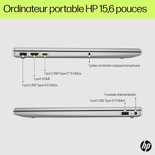 HP 15-fd0004sf Ordinateur Portable 15,6" FHD, PC Portable (Intel Core i3-N305, RAM 8 Go, SSD 512 Go, Intel UHD Graphics, Windows 11), Laptop Argent, Clavier AZERTY - 8