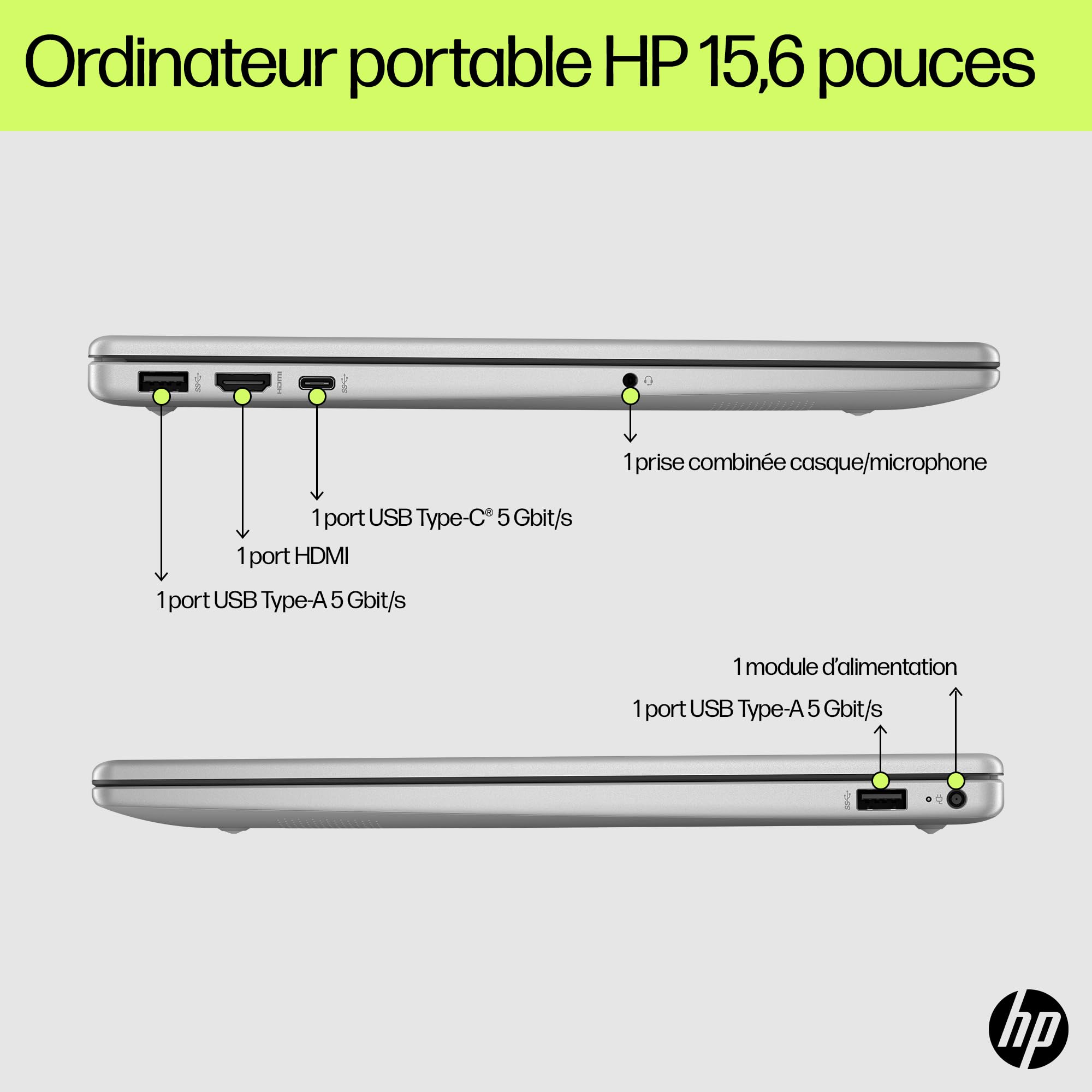 HP 15-fd0005sf Ordinateur Portable 15,6" FHD IPS, PC Portable (Intel Core i7-1355U, RAM 16 Go, SSD 512 Go, Intel Iris XE, Windows 11), Laptop Argent, Clavier AZERTY