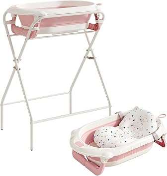 Foldable Baby Bathtub with Stand, Water Thermometer & Support Pillow, Ergonomic Tub for Newborn to 12 Months Pink