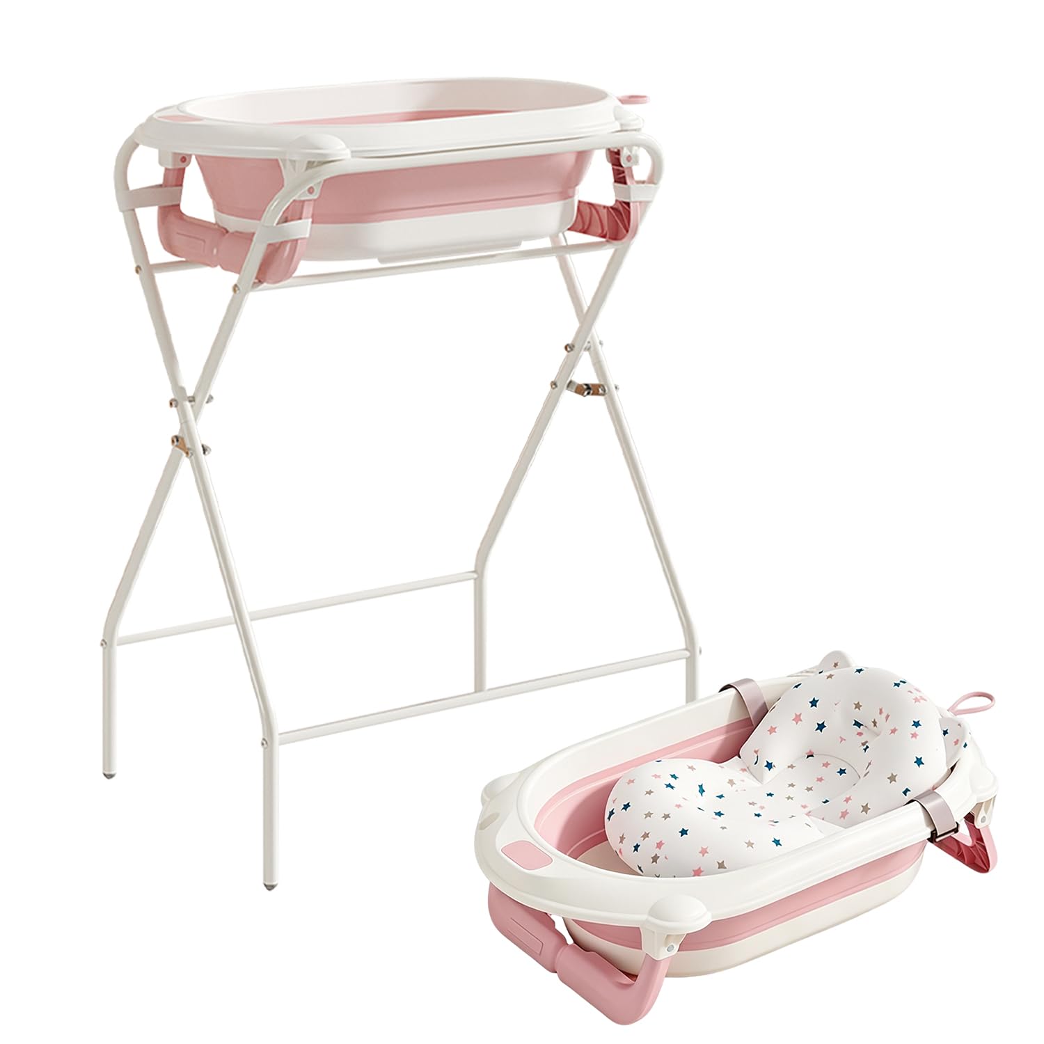 Kynorva Foldable Baby Bathtub with Stand, Water Thermometer & Support Pillow, Ergonomic Tub for Newborn to 12 Months (Pink)
