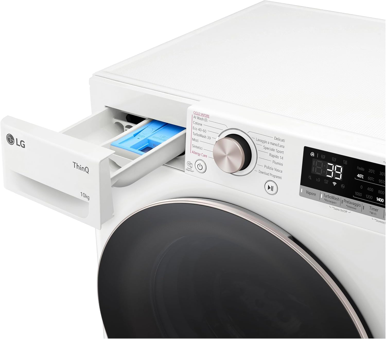 LG AI DD F4R7010TSWG Lavatrice 10 kg Classe A -10%, 1400 Giri, Carica Frontale con Oblò in Vetro Temperato, Funzione TurboWash 360, Vapore su 7 Programmi, Wi-Fi, Libera installazione, Serie R7, Bianca