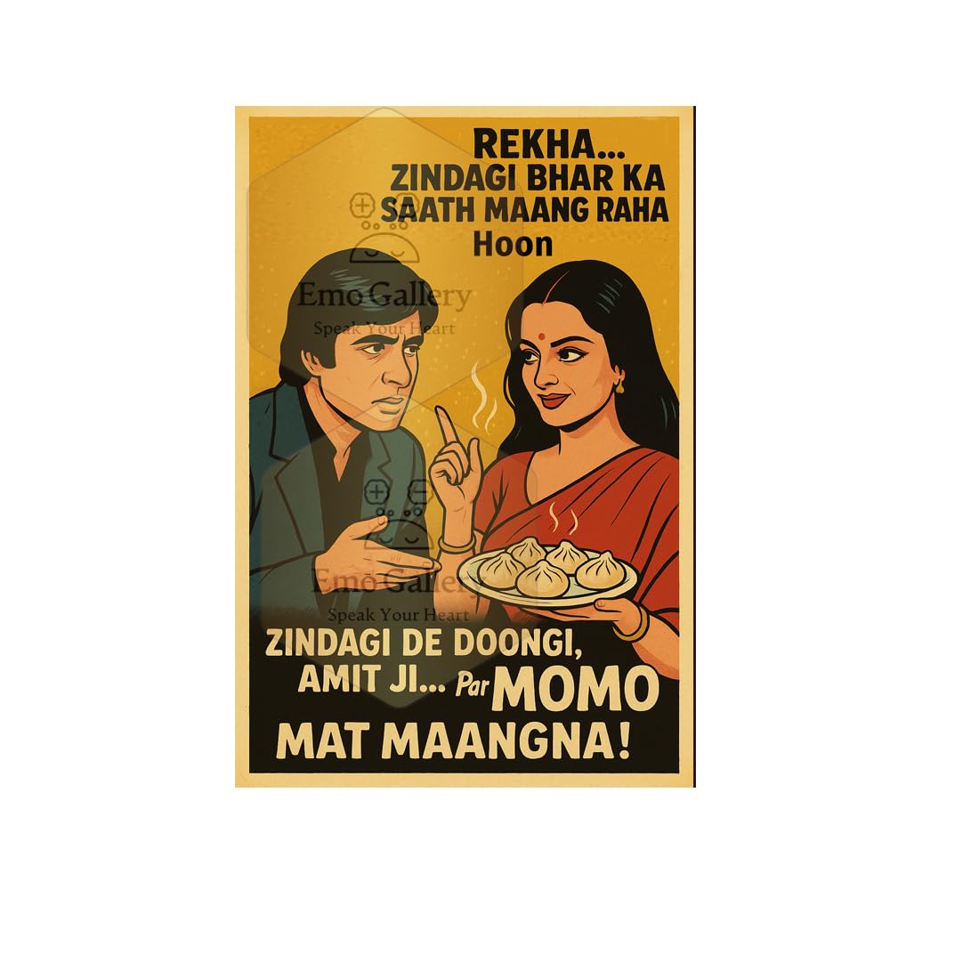 Romantic Momo Poster – Bollywood Classic Dialogues by Amitabh & Rekha | Desi Foodie Bollywood Momo Poster For Restaurant, Café, Kitchen & Dhaba Décor Waterproof & Oilproof | Sticker 48 cm × 33 cm-image-5