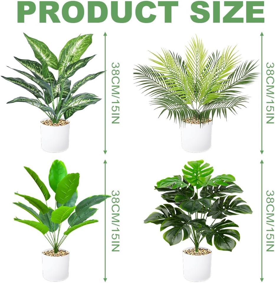 Lighterday 4 Pcs Artificial Plants Indoor,40cm Fake Plants Indoor Decorative ArtificialPlants In Pots,House Plant Faux Plant Plastic Plants for Office Desk Bedroom Bathroom Decor - Image 2