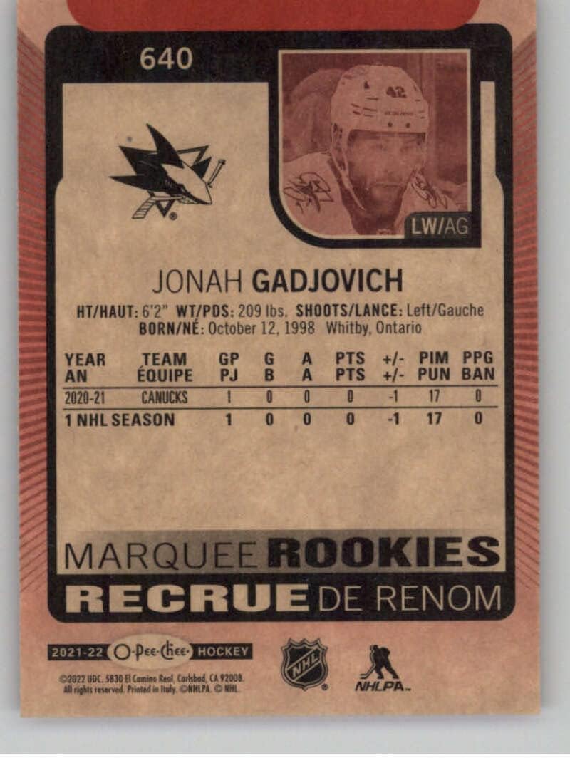 2021-22 O-Pee-Chee Update Red Border #640 Jonah Gadjovich RC Rookie Card San Jose Sharks Official NHL Hockey Card From Upper Deck Series Two in Raw (NM or Better) Condition