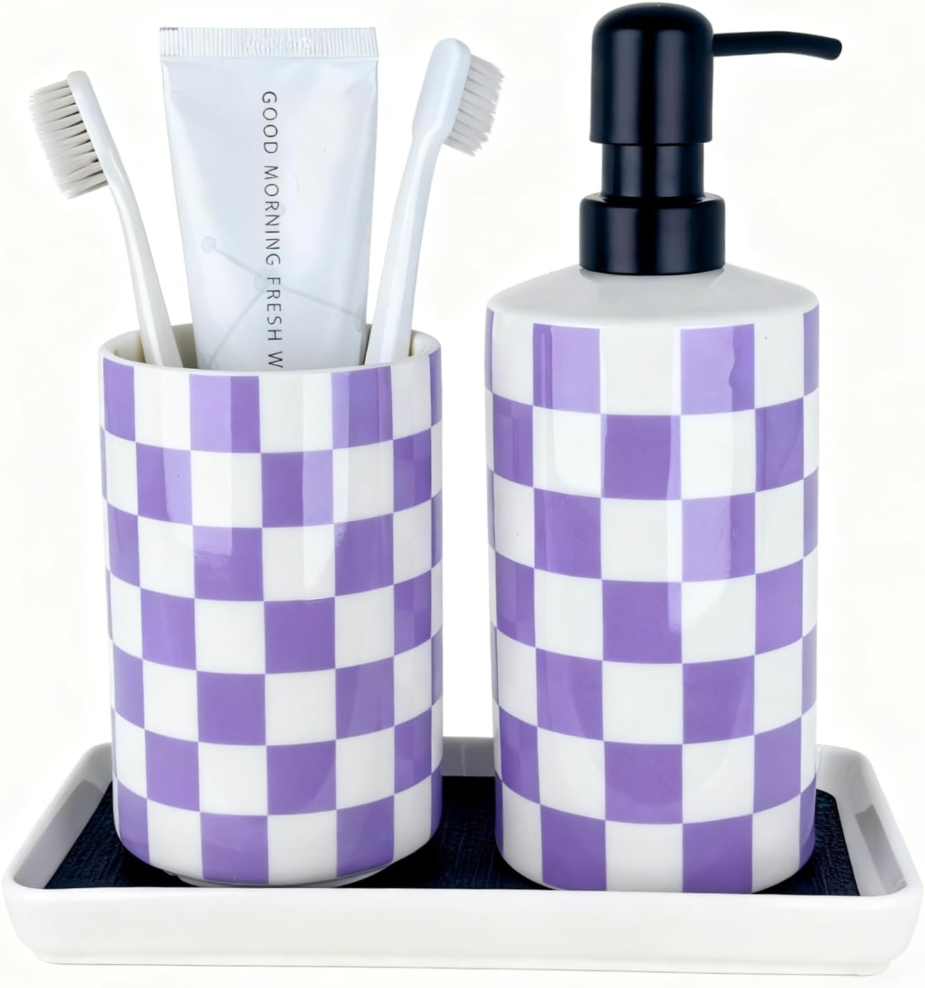 Bathroom Toothbrush Holder Set, Ceramic Soap Dispenser and Tooth Brush Holder Set, Bathroom Accessories Sets Countertop, Modern Red and White Checkered Bathroom Decor
