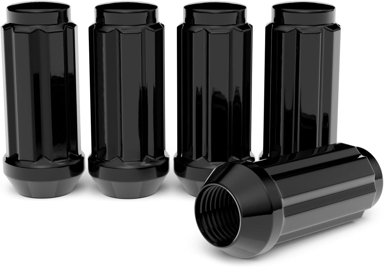 24pcs 14x1.5 Extended Spline Lug Nuts Compatible with 2018+ Jeep Wrangler JL and Ford Chevy GMC Cadillac - Includes 1 Socket Key, 2" Length x 0.91" Width, Cone Acorn Taper Seat - Black