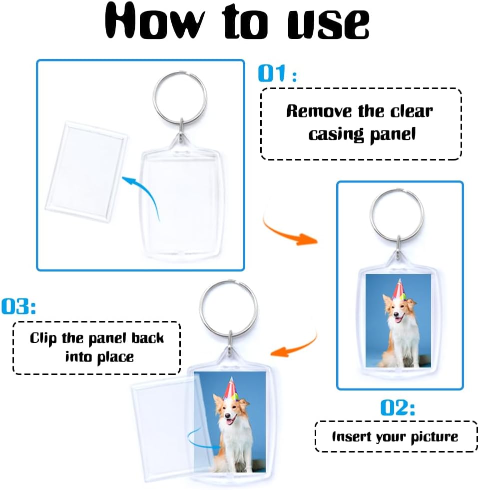Diagram showing three steps to insert a photo into the acrylic keyring: remove panel, insert picture, clip panel back.
