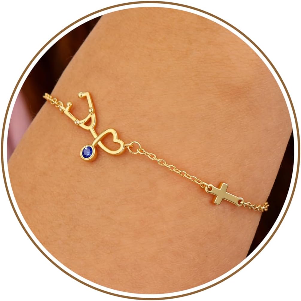 JSJOY Nurse Gifts Birthstone Cross Bracelets for Women, 14K Gold Stethoscope Bracelets for Women Nurse Birthday Gift for Girlfriend Nurse Appreciation Gifts