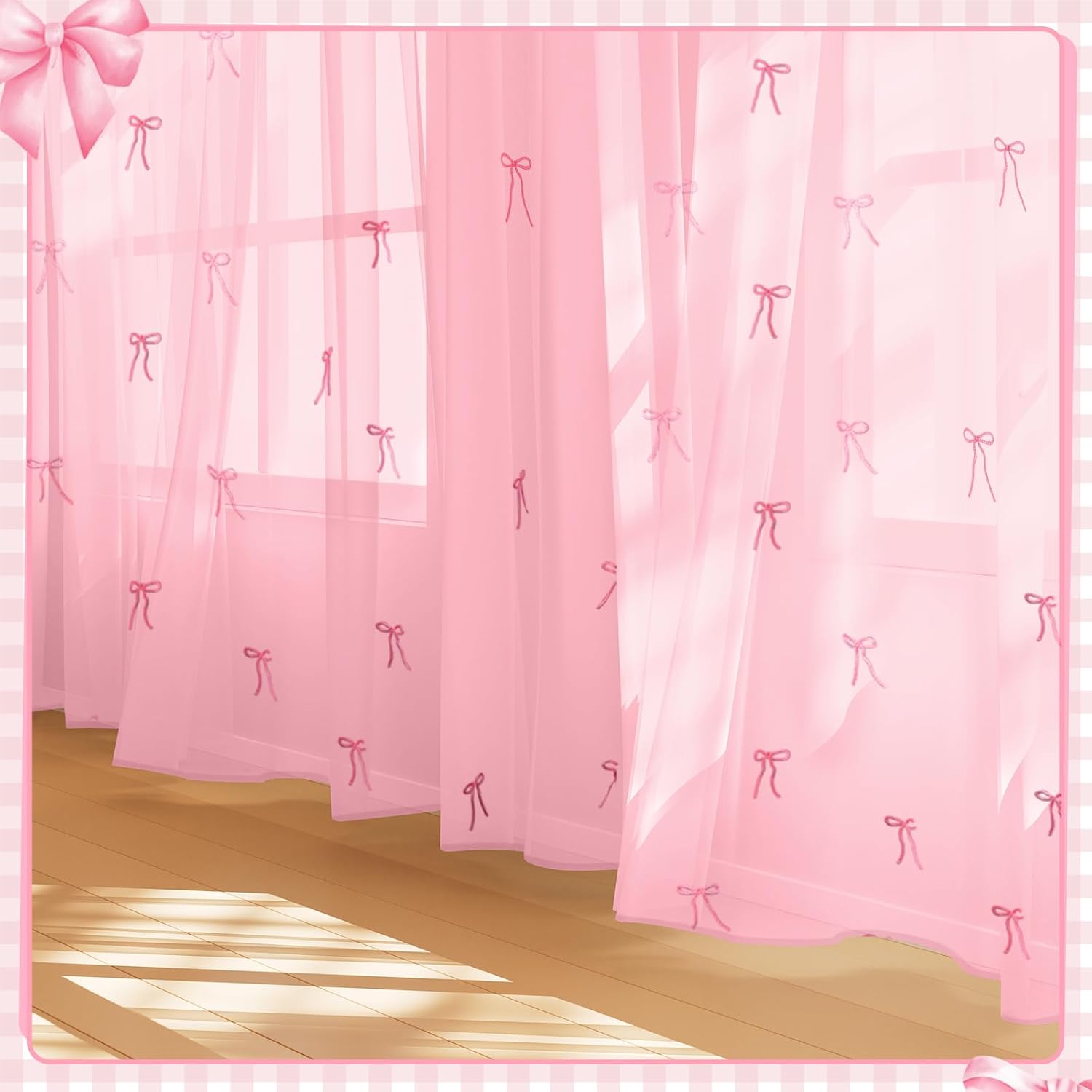Tegeme 2 Panels Pink Bow Sheer Curtains 84 Inches Long Embroidered Voile Curtains Decorative Coquettish Sheer Shades Faux Linen Semi Window Decor for Home Party Office