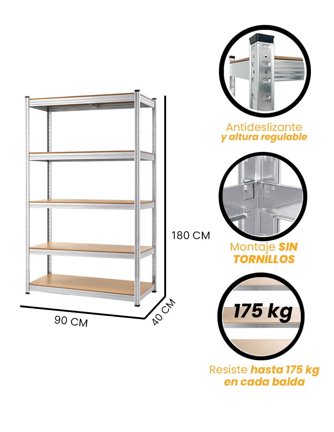 Jardin202 - Estantería Modular de Acero y Madera | Unidad de Almacenamiento de 5 baldas con estantes Ajustables en Altura | 180 x 90 x 40 cm | Peso máximo 875 kg | Pack 2 uds (Plata)