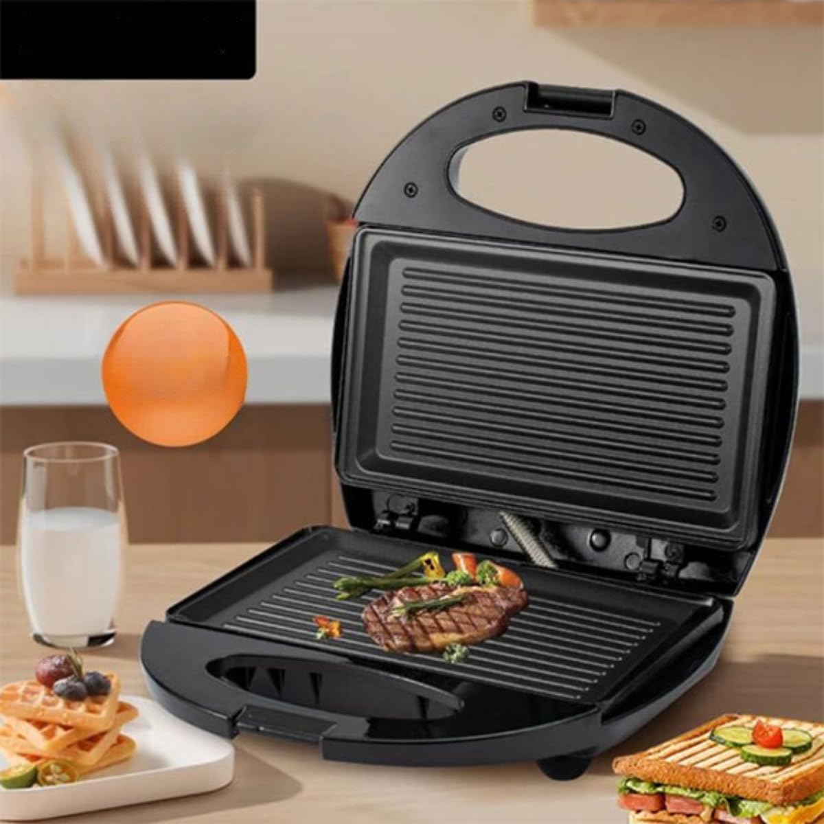 3-in-1 Waffle Maker & Sandwich Press – Electric Panini Grill, Toaster & BBQ Griller – Multi-Function Indoor Cooking Machine with Non-Stick Removable Plates for Crispy Waffles, Grilled Sandwiches