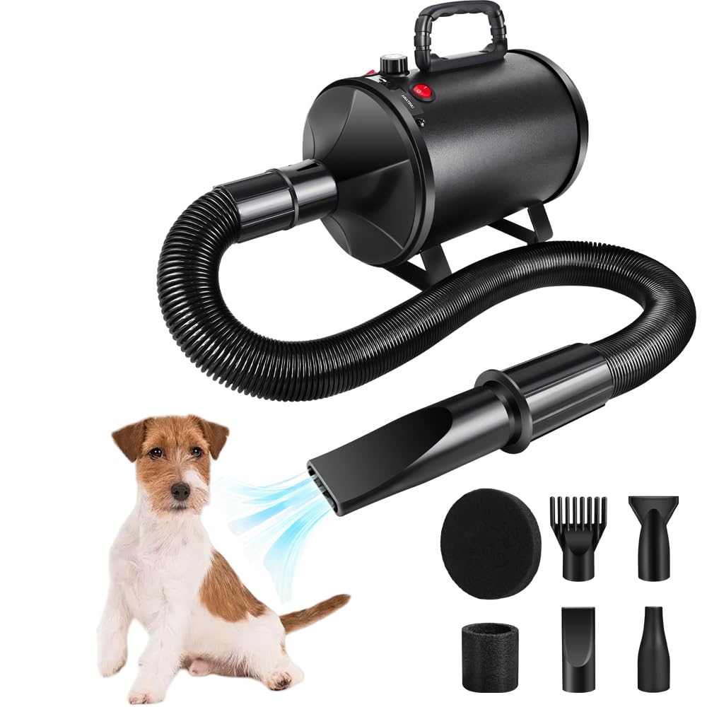 3500W Hundefön Hundetrockner Blower Profi Haartrockner Sehr Leise Blower Hundefön Einstellbare Geschwindigkeit Gebläse mit 4 Düsen Pet Dryer Fön für Haustiere Trockner für HunHaustier Hundepflegede