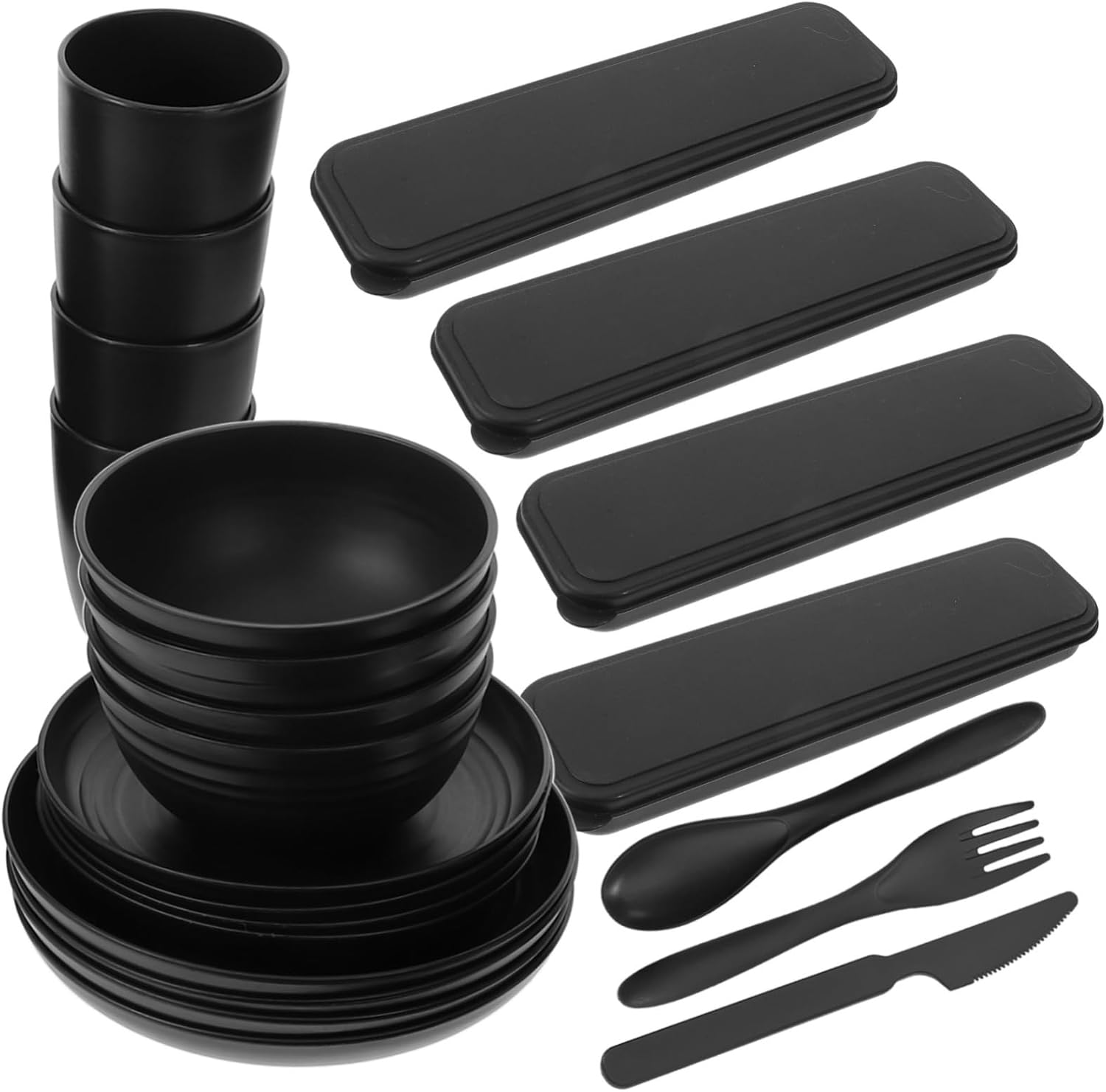 4sets Black Camping Picnic Utensil Bowl Plate Cup Cutlery Case Modern Portable Dinnerware for Outdoor