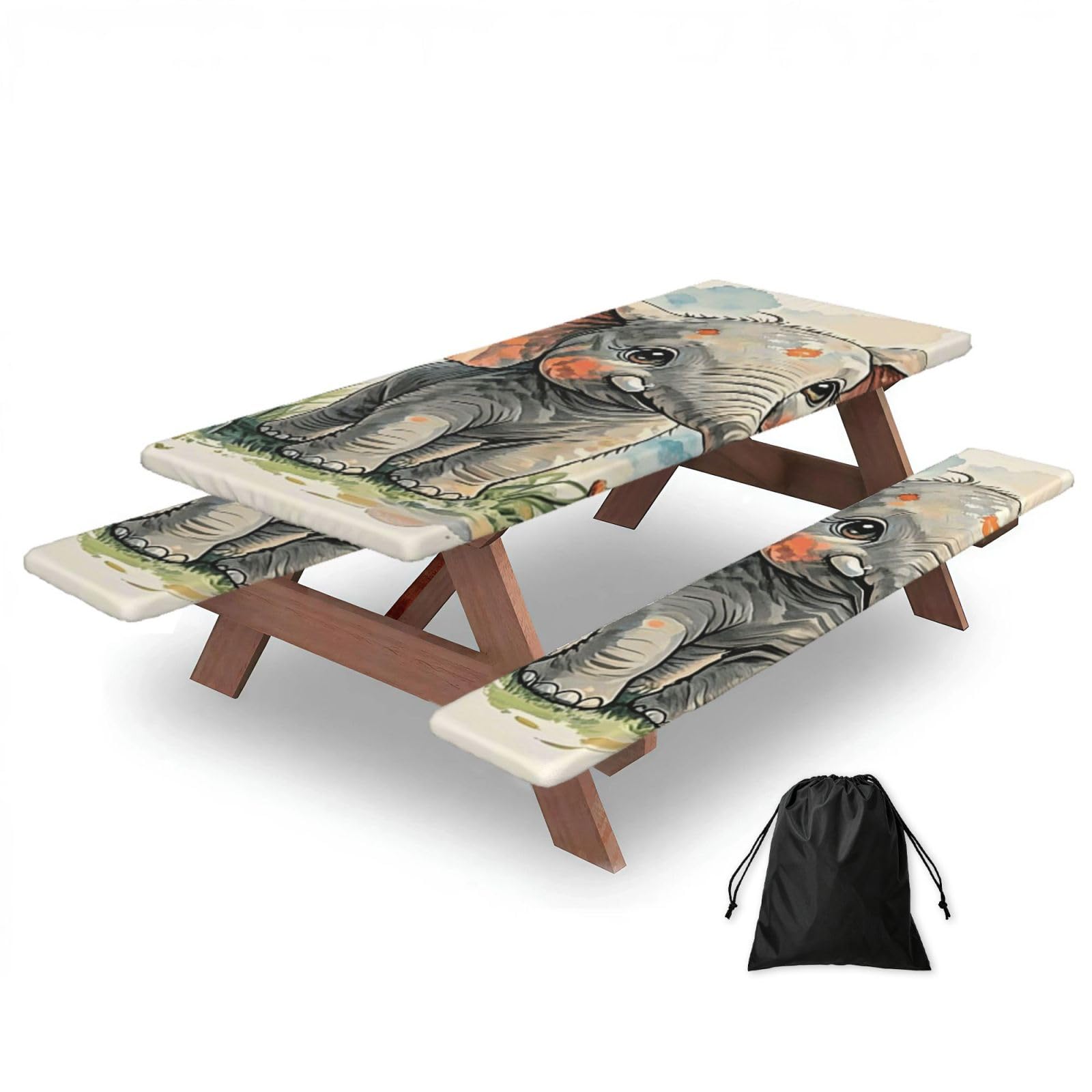 FekiLoot Elephants Picnic Table Cover with Bench Covers and Bag, Windproof Waterproof Rectangle Tablecloth with Elastic Edges Fitted Camping Table Covers Portable Camping Accessories