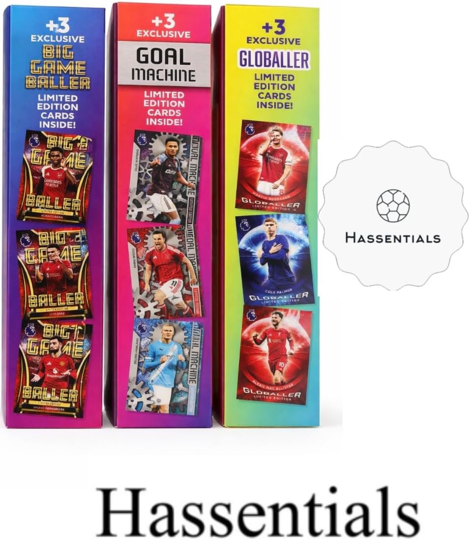 Premier League 2026 new - One Random Mega Tin - 40 Cards Including 3 Exclusive LE 25/26 Soccer Cards + Bundle with Hassential Sticker Premier League Soccer Cards