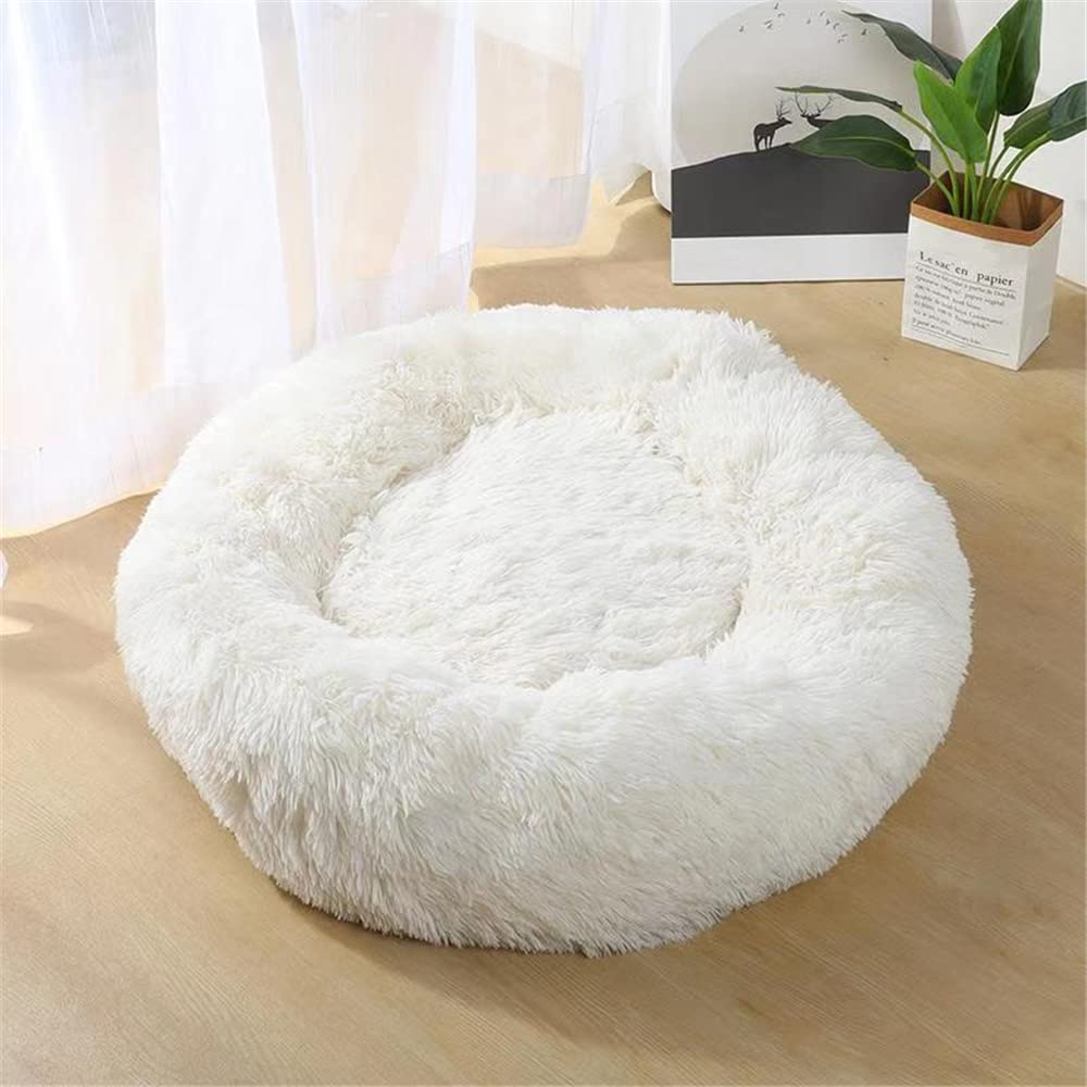 Lukery Dog Cat Donut Bed, Fluffy Plush Puppy Kitten Cuddler Round Bed, Warm and Soft Pet Cosy Anti Anxiety Beds for Small/Medium/Large Dogs (90CM,white)