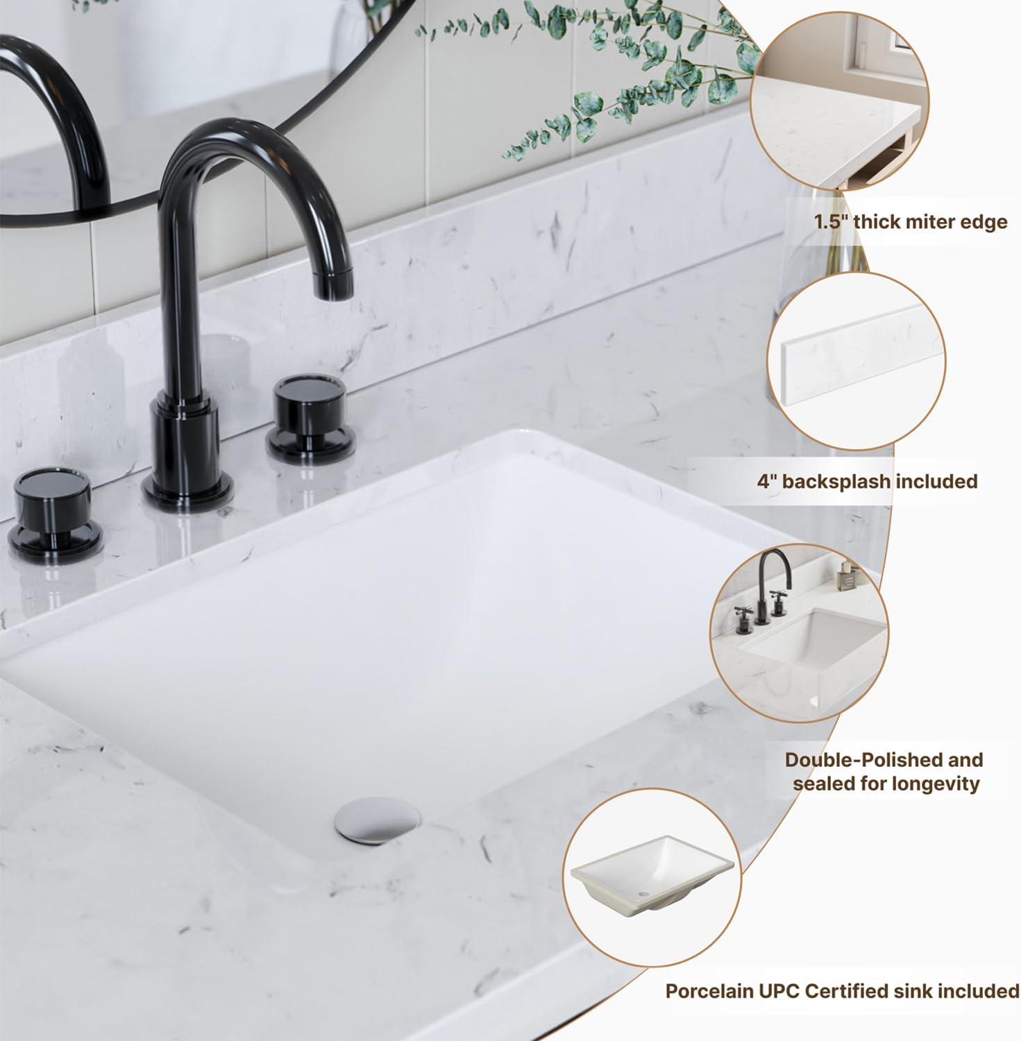 DKB Isabella 48-Inch Oak Bathroom Vanity with Sink, 1.5" Carrara Quartz Countertop & Backsplash, 2 Soft-Closing Doors, 9 Dovetail Drawers, Matte Black Hardware