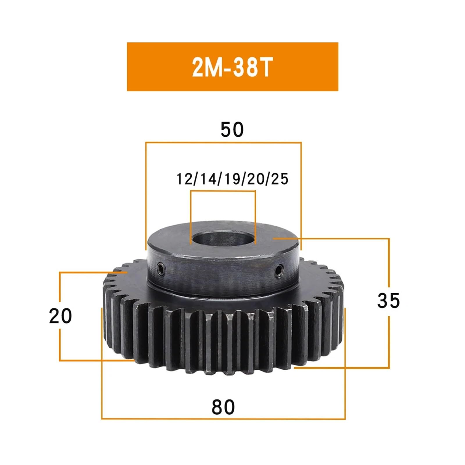 Bevel Gear Pinion Hardware Mechanical Motor Gear 2M-38T/40T Bore Size 10/12/14/15/16/17/19/20/25mm Gear Wheel Blackening Carbon Steel Teeth Height 20mm(2M38T - Bore 20mm)