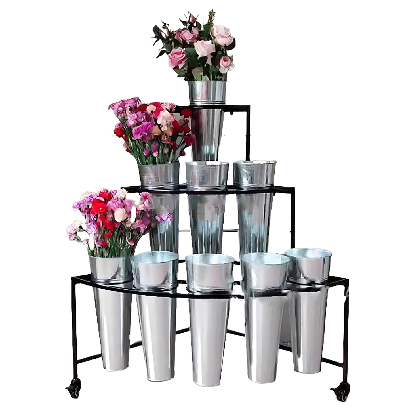 Fleurs et pots installés sur un présentoir à fleurs mobile réglable en métal