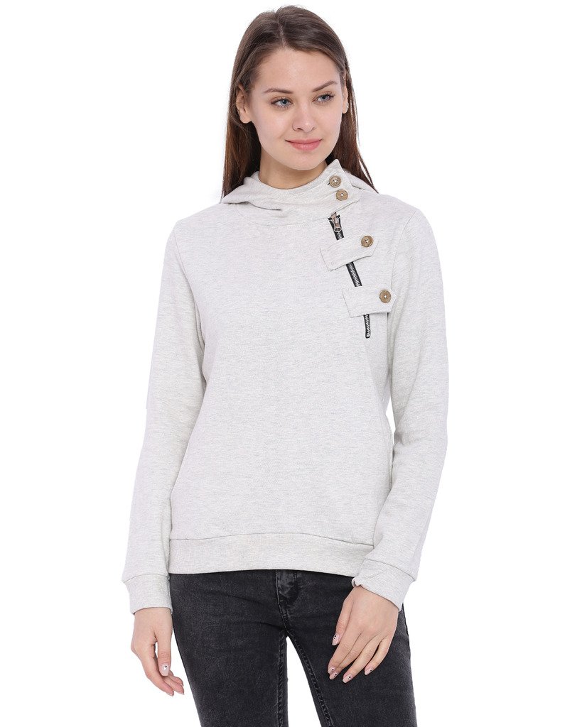 pinacolada Women's Cream High Neck Side Button Hoodie-picture-16